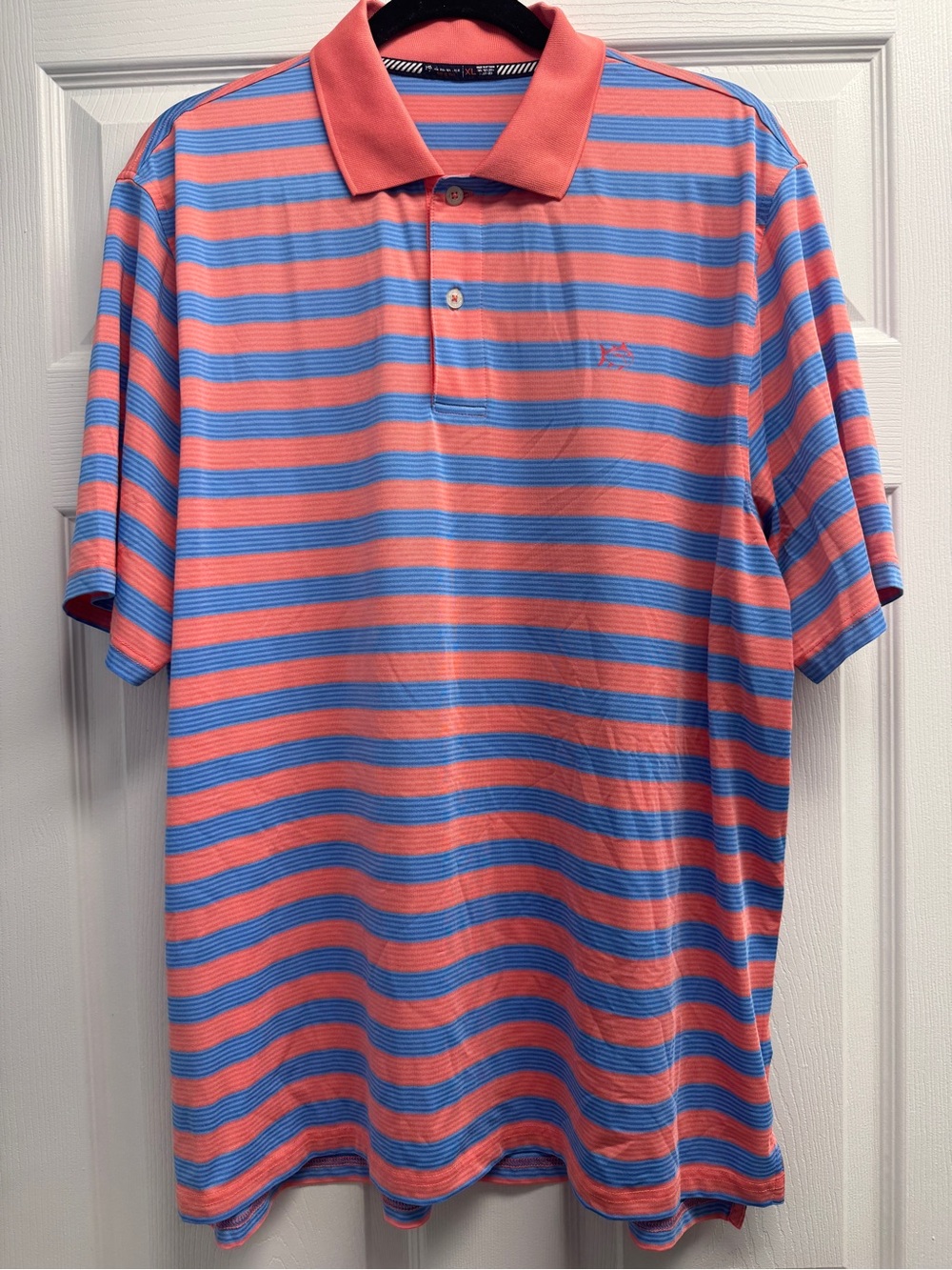 Southern Tide Coral and Blue Striped Polo